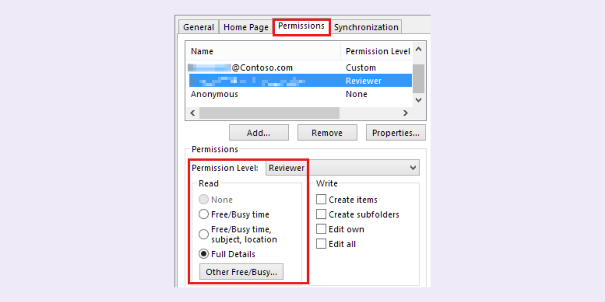 Outlook Calendar sharing settings