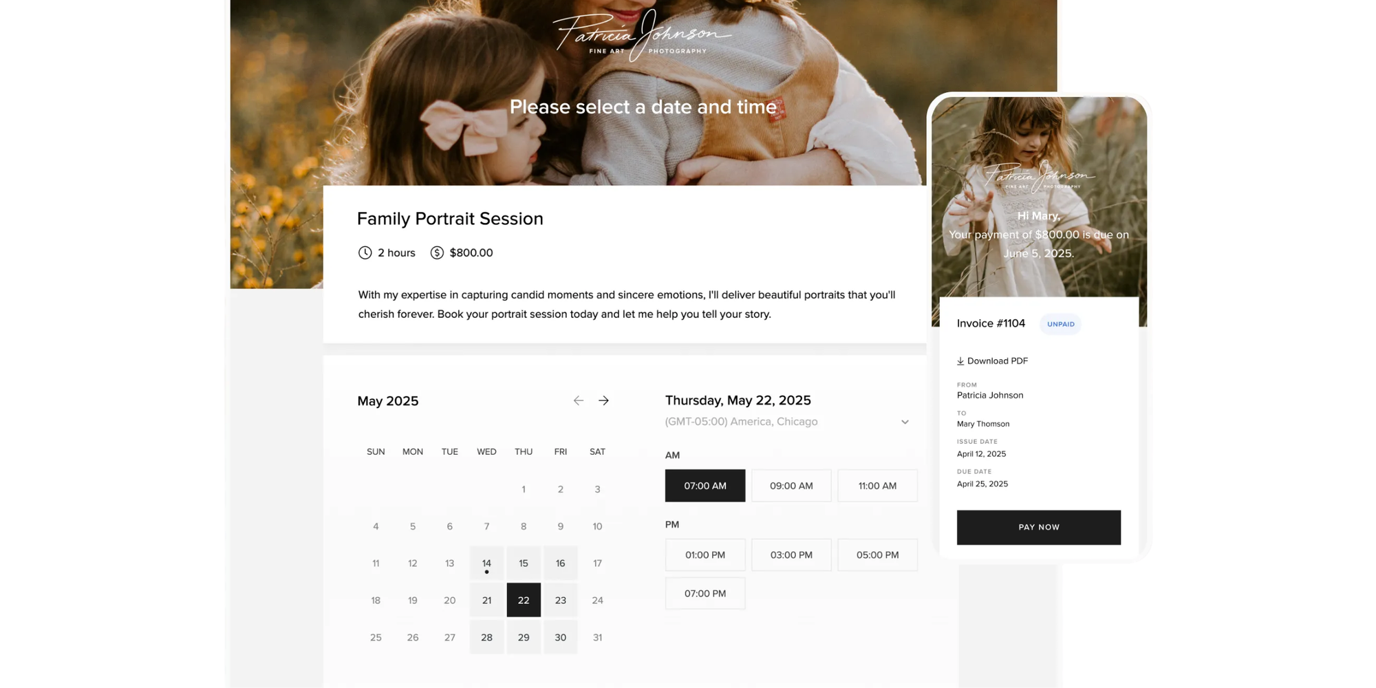 customizable booking page made with pixiest studio manager for photo session