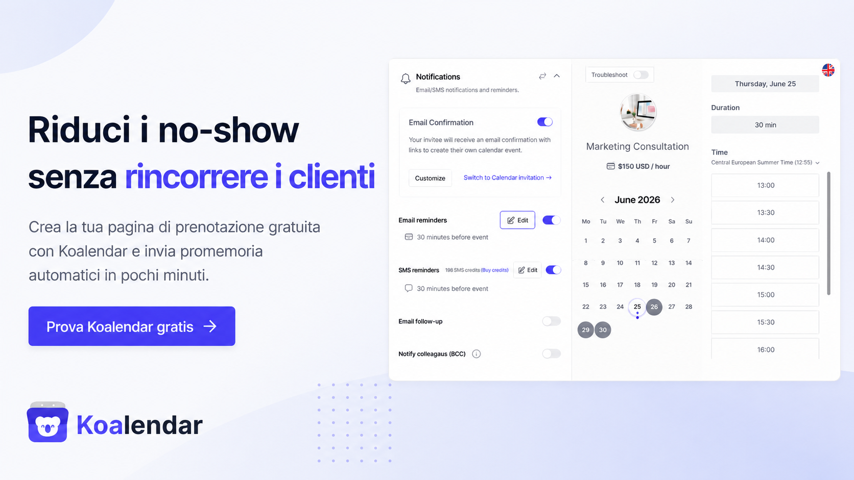 banner dello strumento di pianificazione Koalendar con sistema di promemoria degli appuntamenti per ridurre le mancate presentazioni