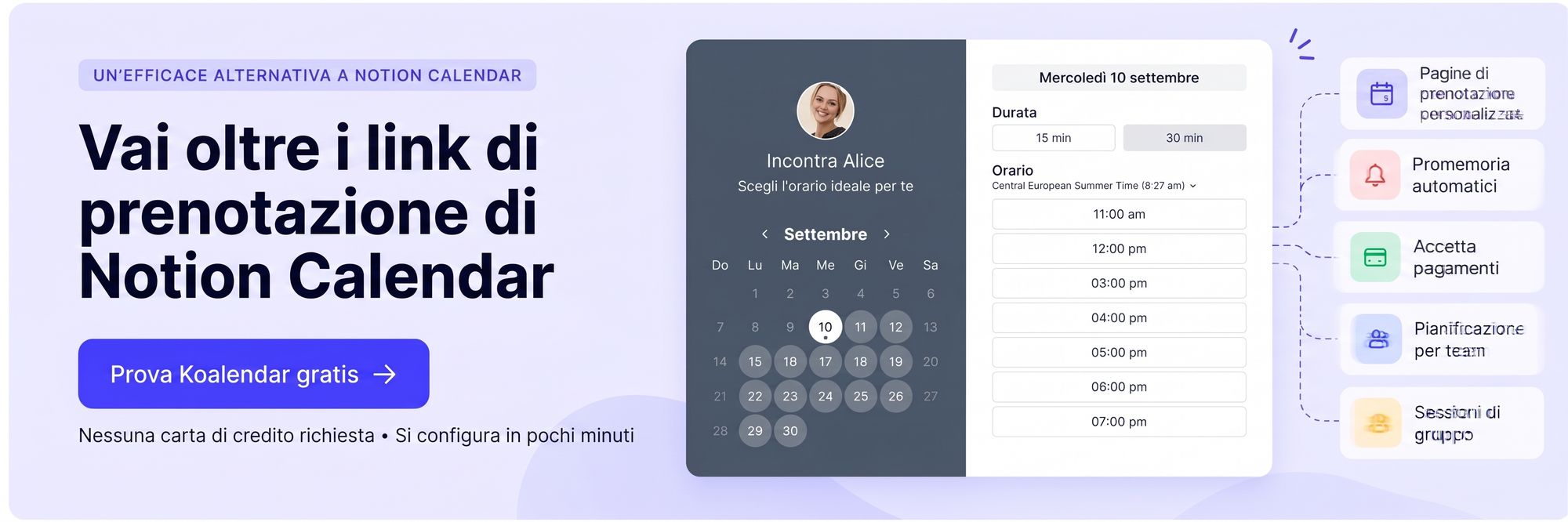 La pagina di prenotazione e le funzionalità per gli appuntamenti di Koalendar, presentate come alternativa a Notion Calendar.