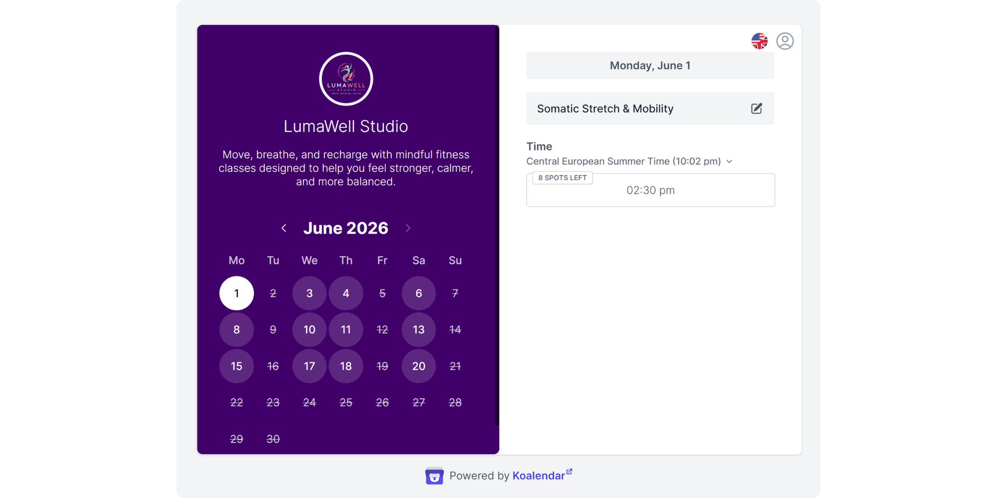 Online booking page for small gym studio powered by Koalendar