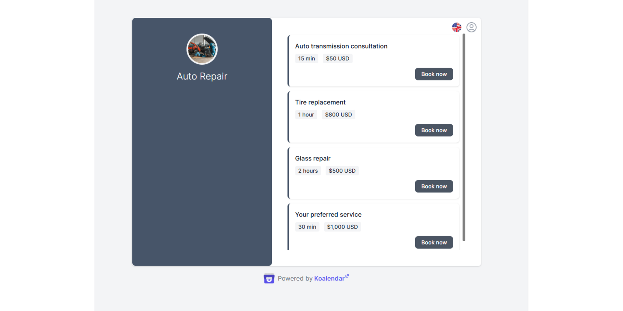 Koalendar appointment booking page for automotive