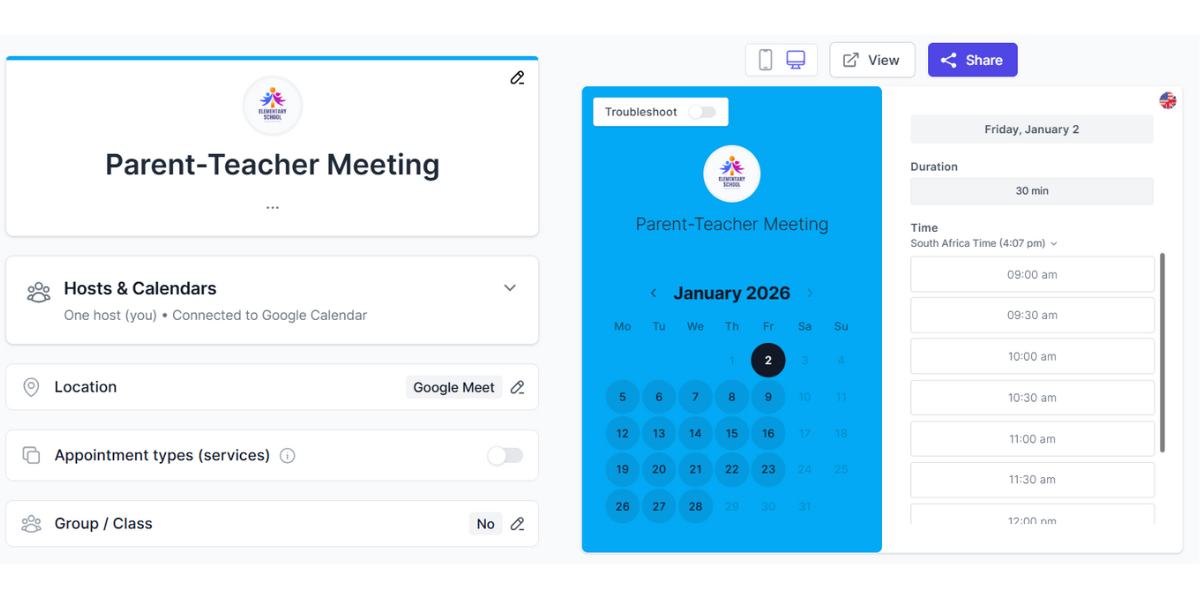 Koalendar booking setup page for parent teacher meetings