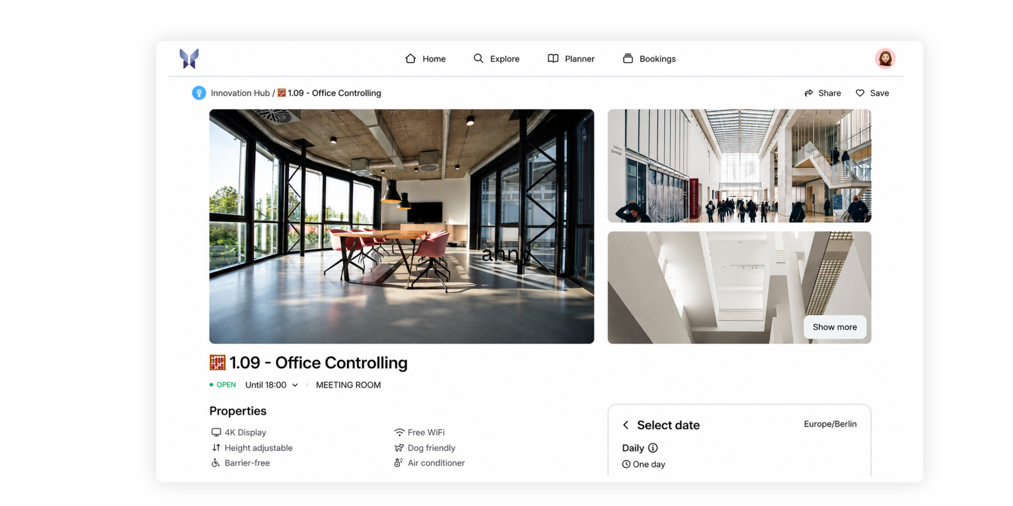 anny office meeting space details in room booking and resource scheduling software.