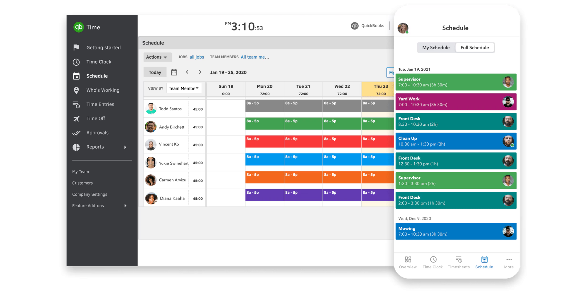 QuickBooks Time employee shift schedule on tablet and mobile, shown among scheduling software that integrates with quickbooks.
