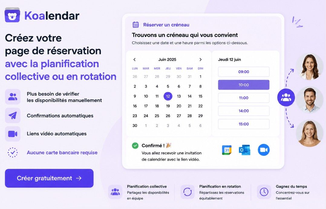 bannière de l’outil de planification Koalendar pour créer des pages de réservation avec planification collective ou en rotation, comme alternative aux sondages de planification Google