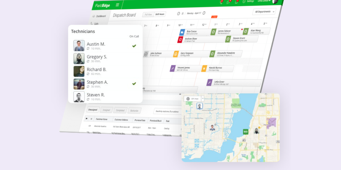 FieldEdge’s technician dispatch dashboard in the platform