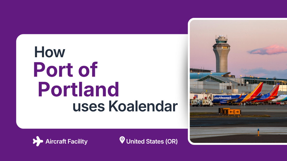 ort of Portland customer story with Koalendar, featuring aircraft and the control tower at Portland International Airport.