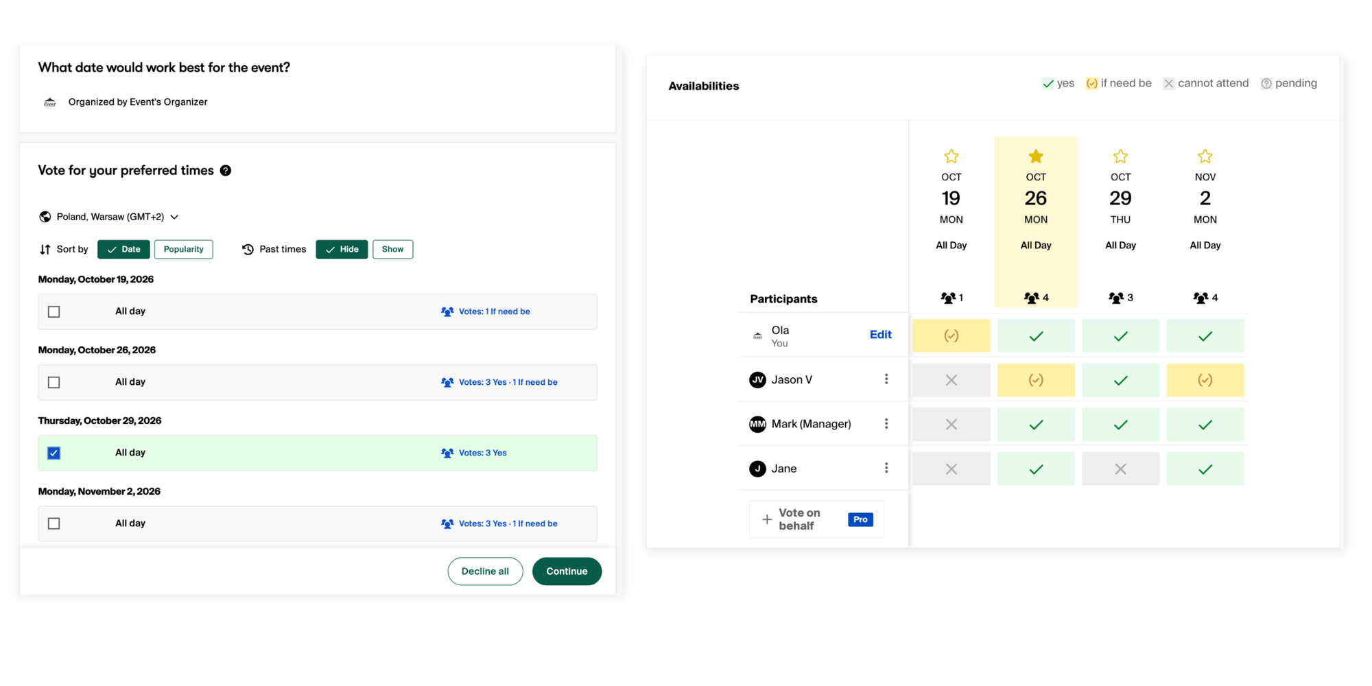 Doodle event poll interface for selecting a group meeting time that can be used as a part of event scheduling