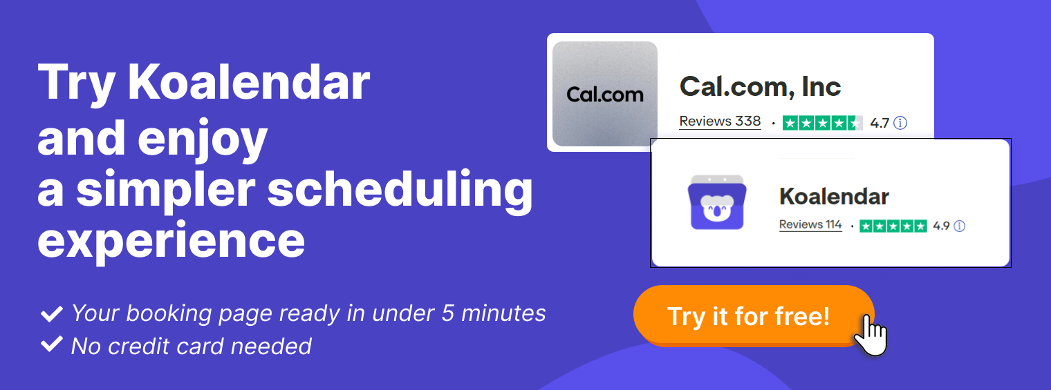 graphic of comparison koalendar and cal.com reviews on trust pilot including cal.com pricing plans