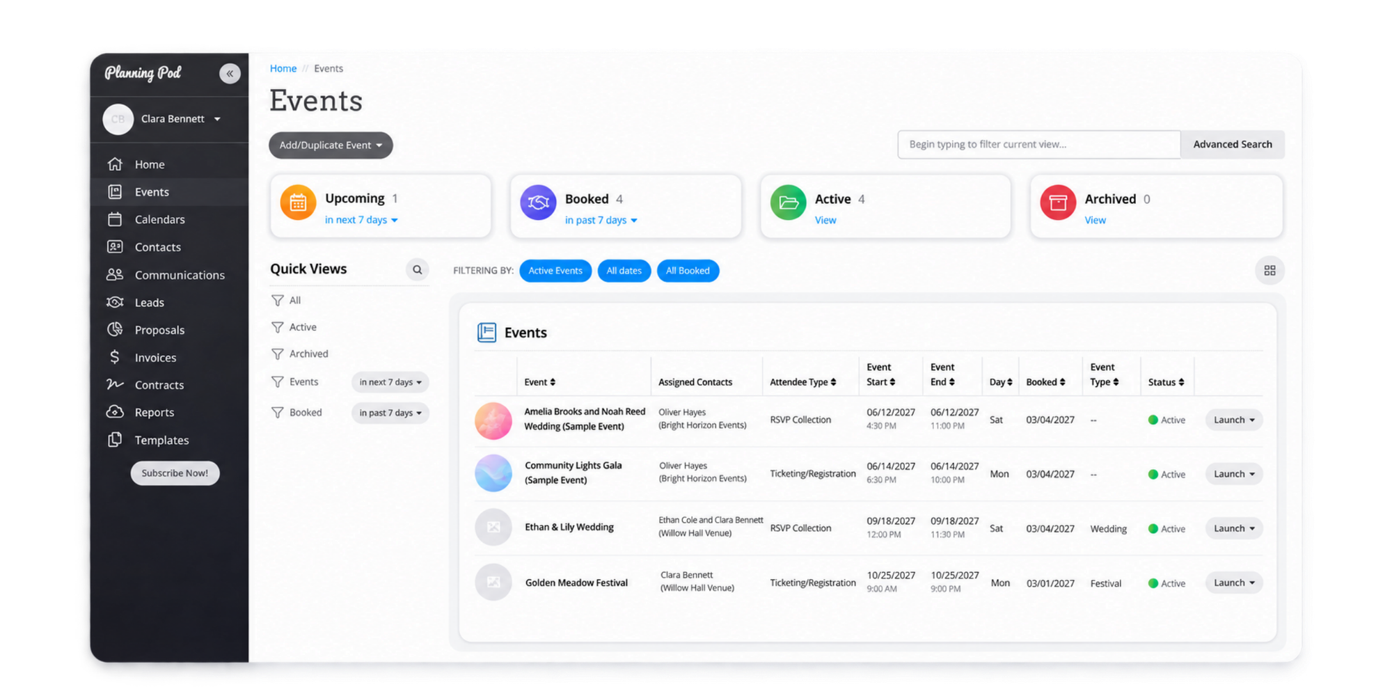 Planning Pod event facility scheduling software dashboard view