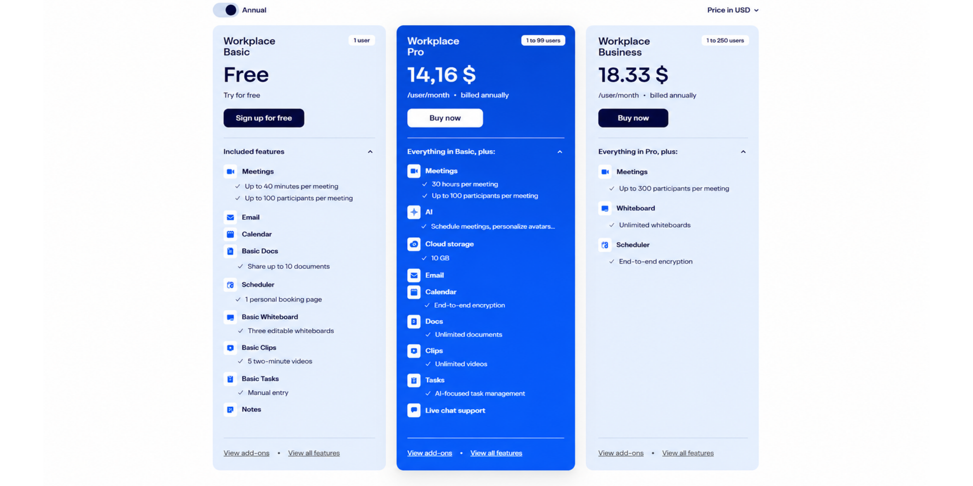 paliers de tarification Zoom pour différents types de réunions