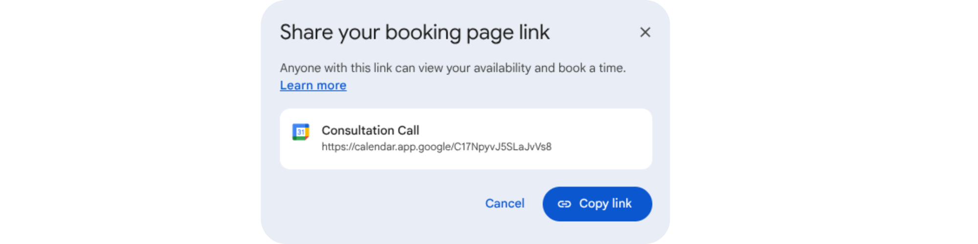 Shareable link for Google Calendar booking page