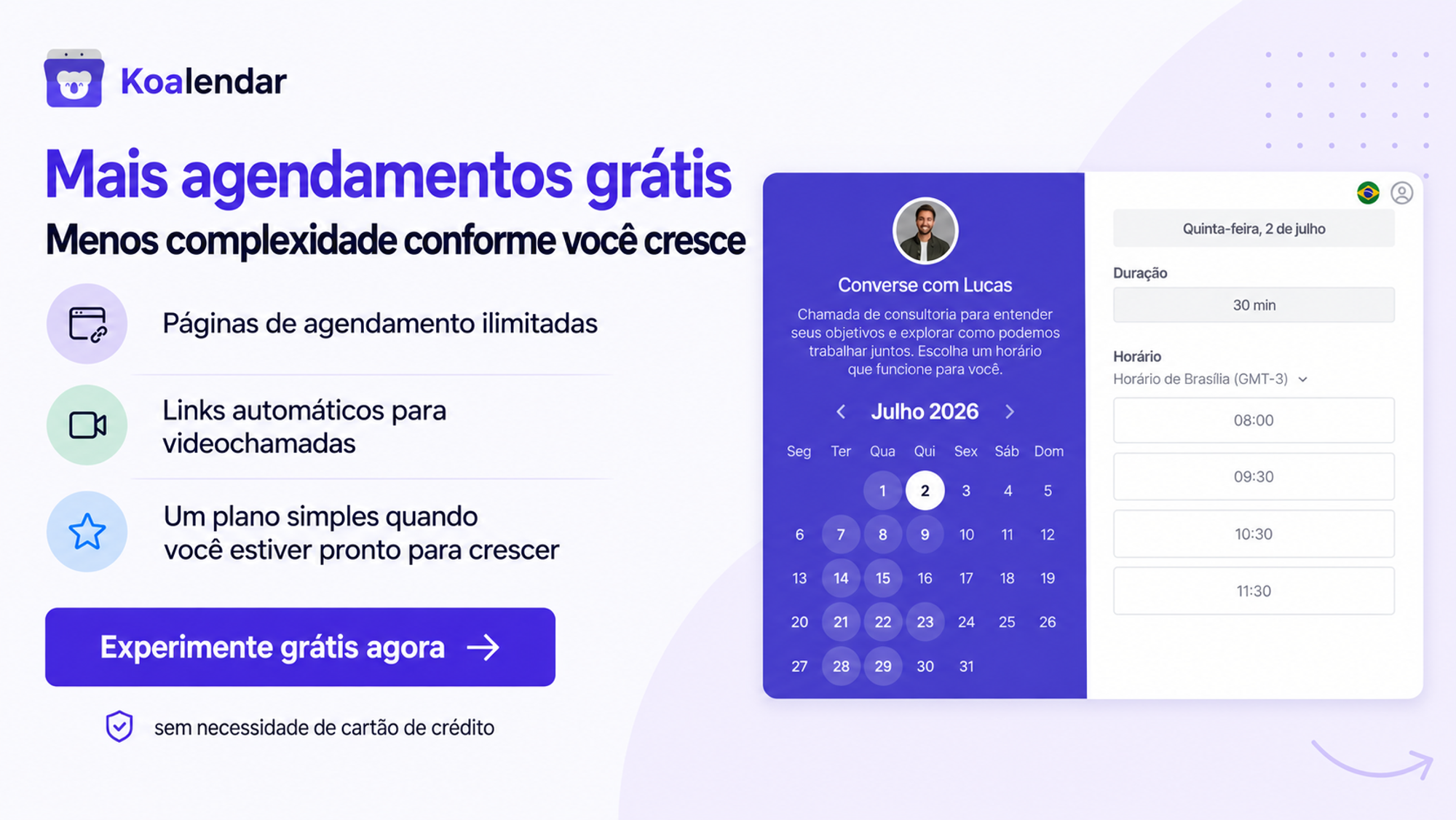 Banner do Koalendar promovendo páginas de agendamento gratuitas, links de videochamada e um upgrade pago para comparação com o custo do Google Workspace.