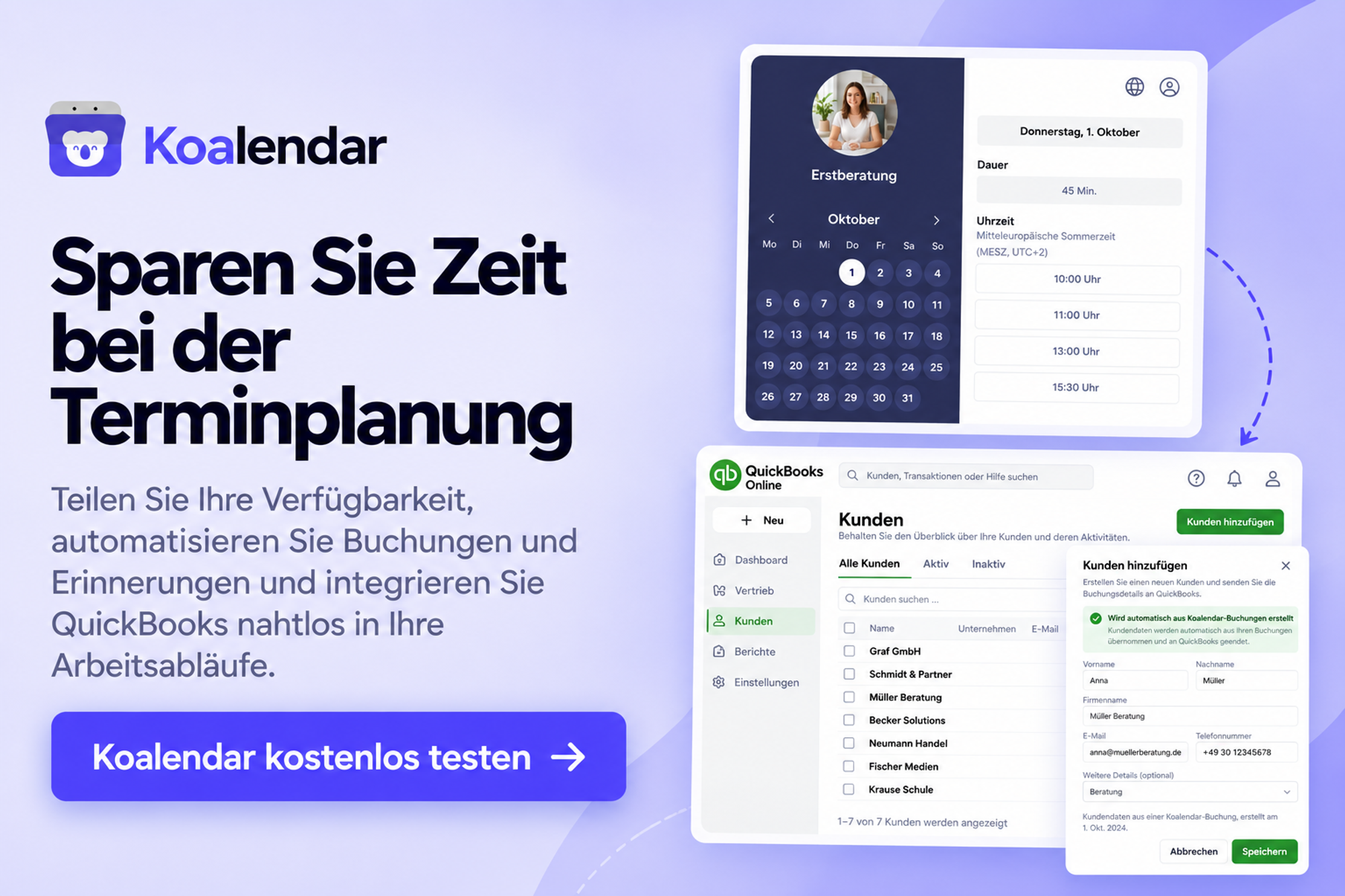 Koalendar-Banner mit einer Buchungsseite und einer QuickBooks-Kundenliste für eine Terminplanungssoftware mit QuickBooks-Integration.