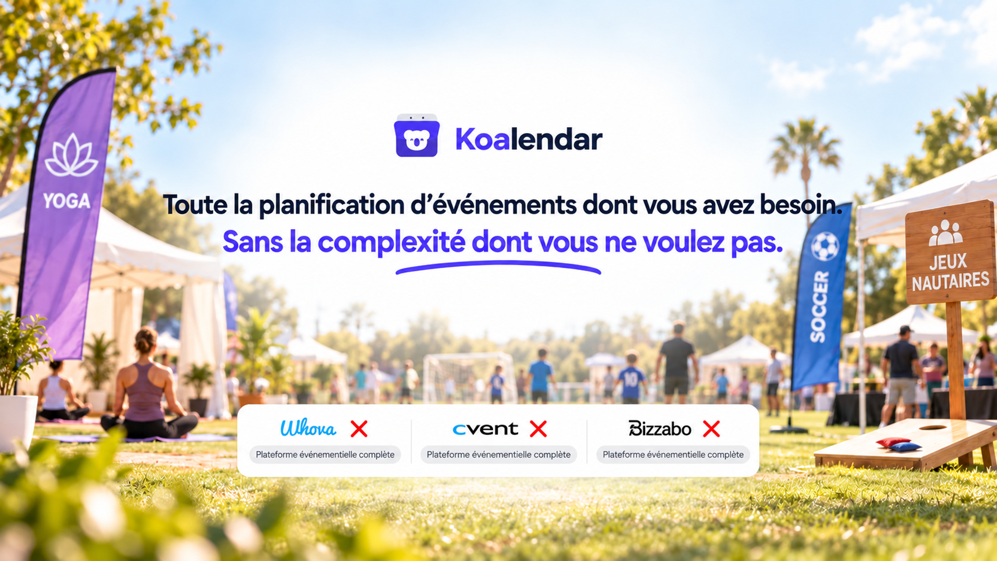 Bannière Koalendar présentant du yoga en plein air, du football et des activités communautaires, destinée aux organisateurs qui comparent des logiciels de planification d’installations événementielles
