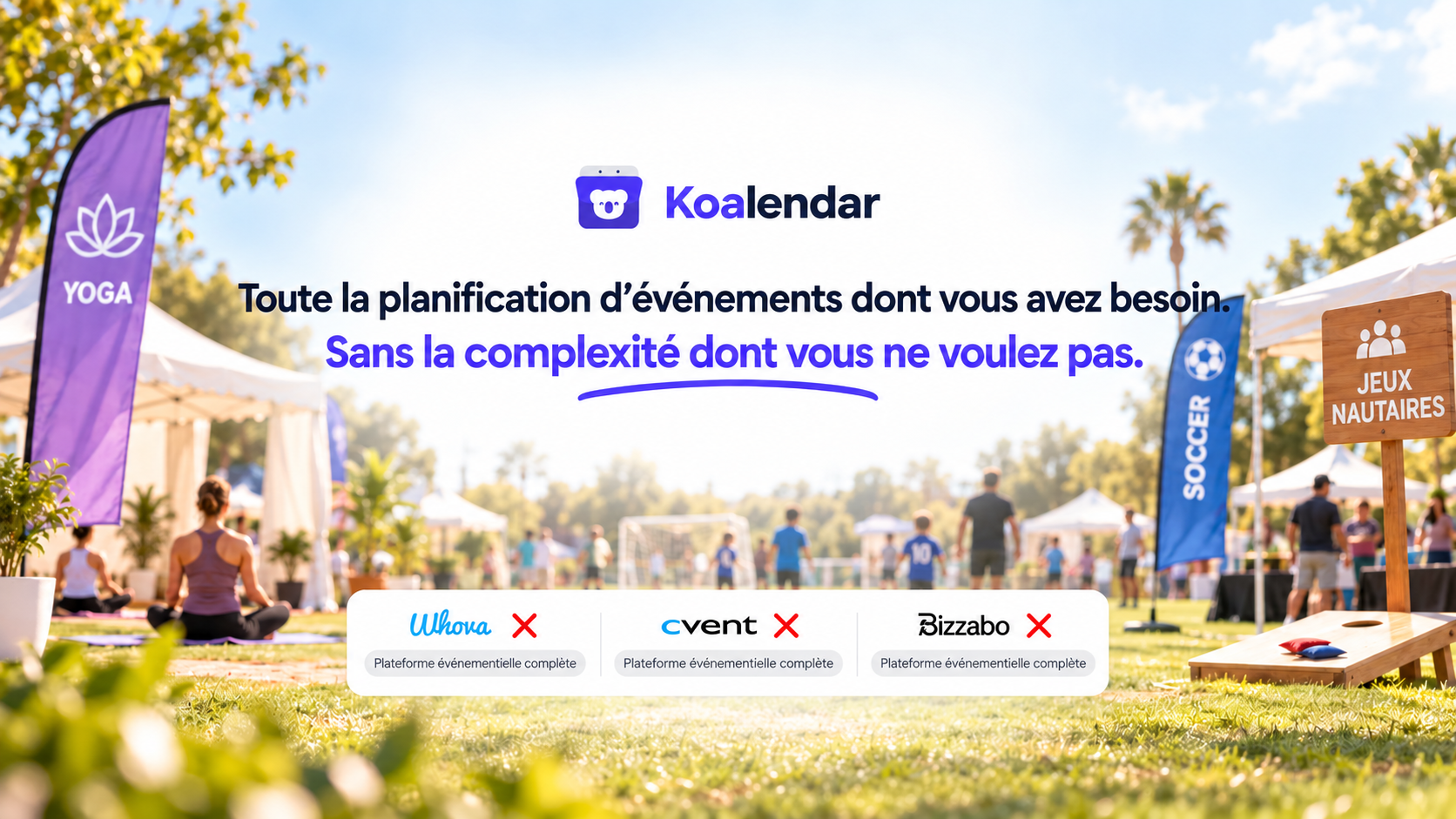 Bannière Koalendar présentant du yoga en plein air, du football et des activités communautaires, destinée aux organisateurs qui comparent des logiciels de planification d’installations événementielles