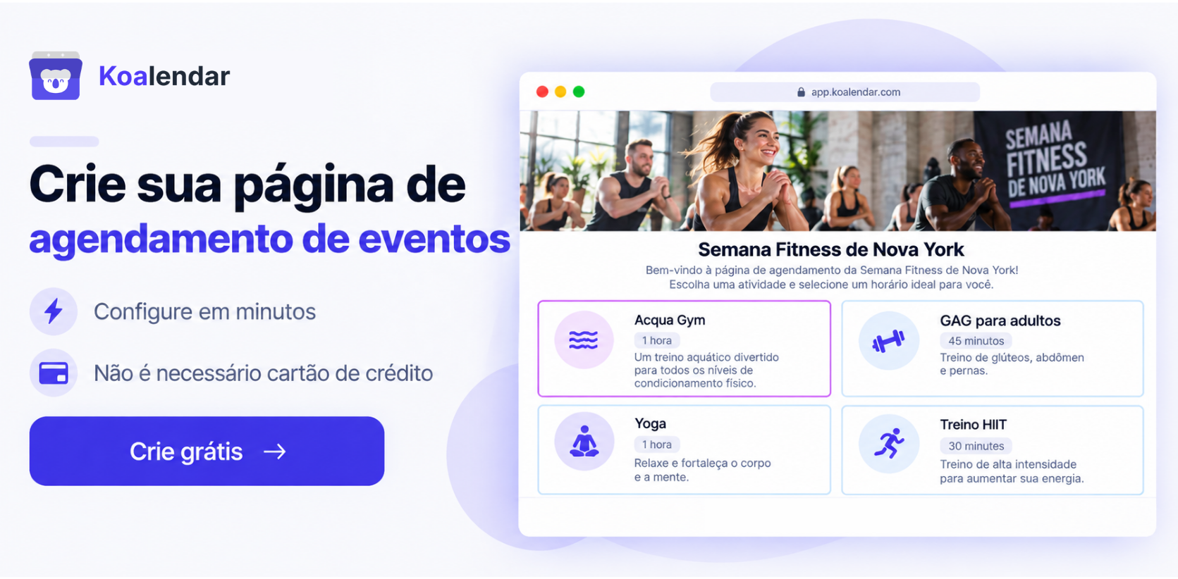 Banner do Koalendar mostrando uma página de agendamento de eventos e funcionando como um software de agendamento de eventos