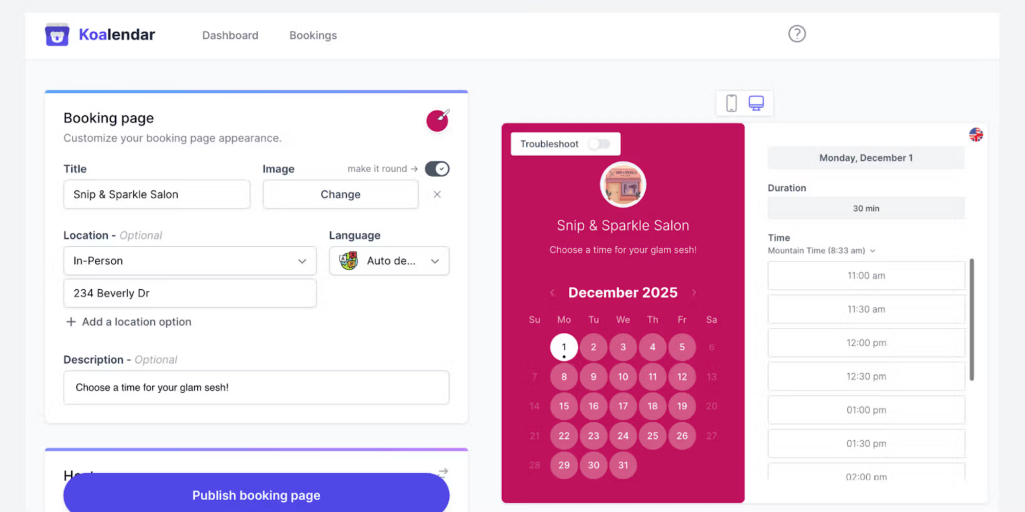 Koalendar booking page creation and preview to simplify salon scheduling