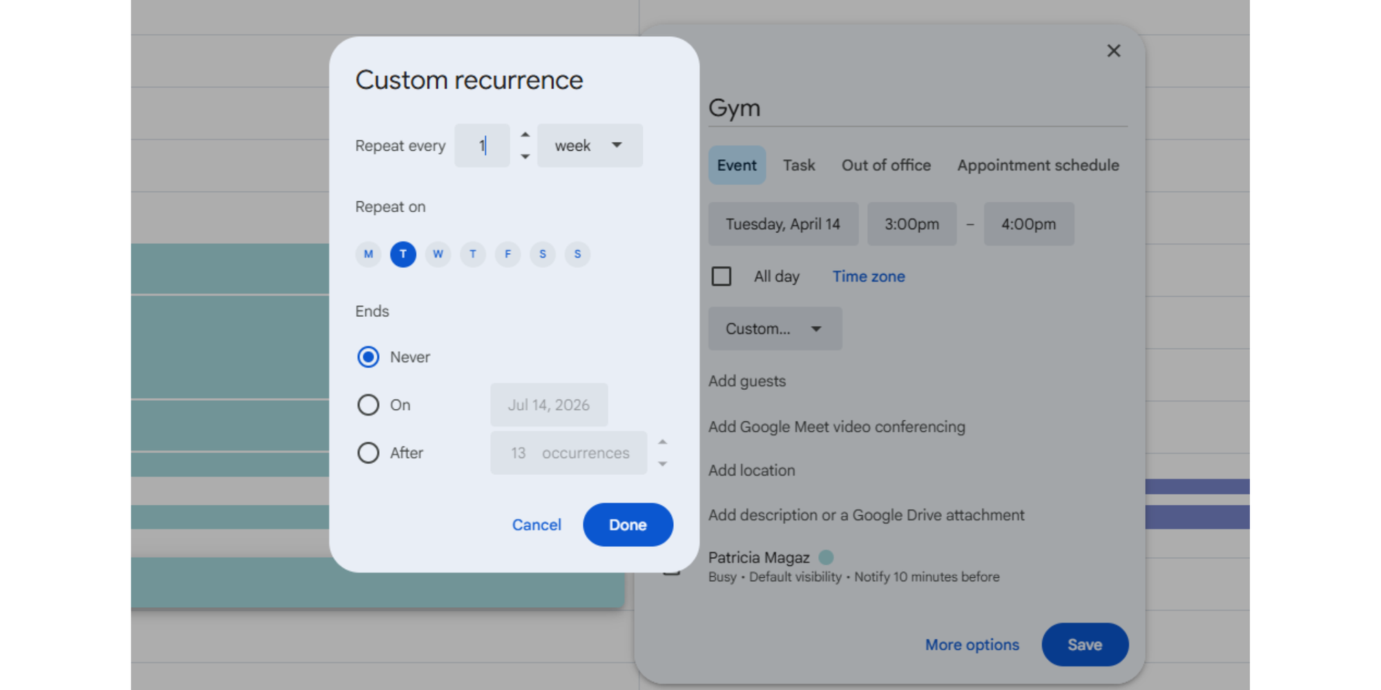how to personalize google calendar with custom recurrence