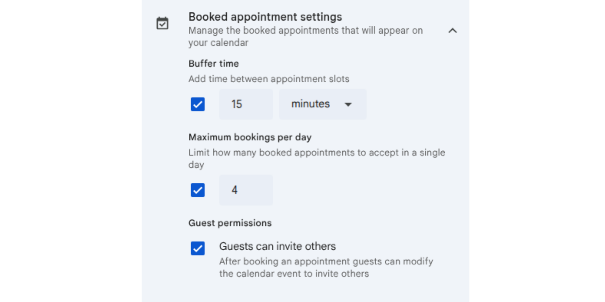 Adding buffer time and max meeting bookings in Google Calendar appoint booking page settings