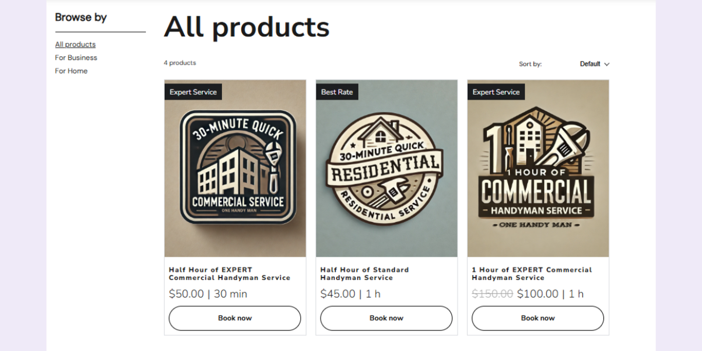 service menu with durations on handyman website 