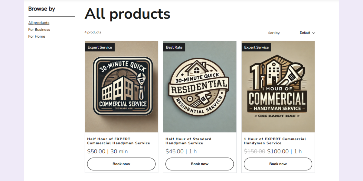 service menu with durations on handyman website