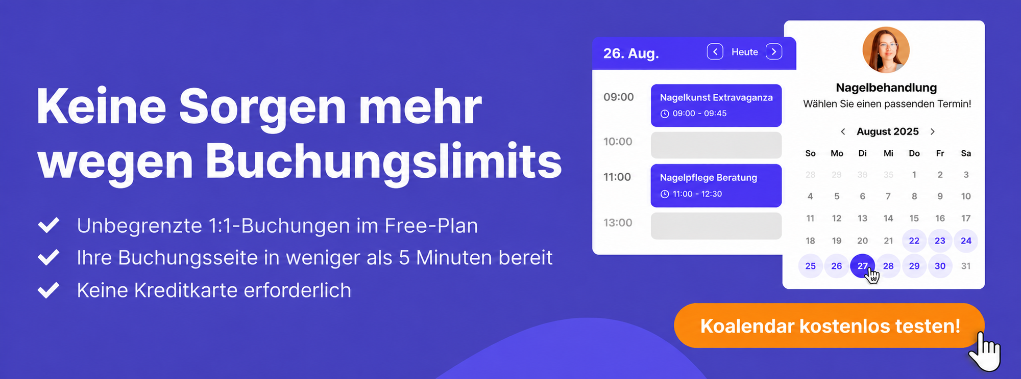 Koalendar-Banner, der Nutzer von Gruppenumfragen dazu einlädt, von Doodle zu wechseln – ohne Begrenzung der Buchungsseiten im kostenlosen Tarif.