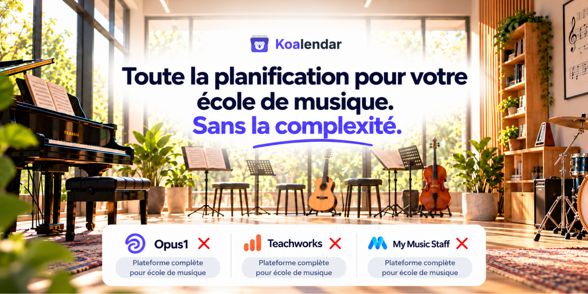 Bannière du logiciel de planification pour écoles de musique Koalendar, montrant des instruments dans un studio de musique lumineux.