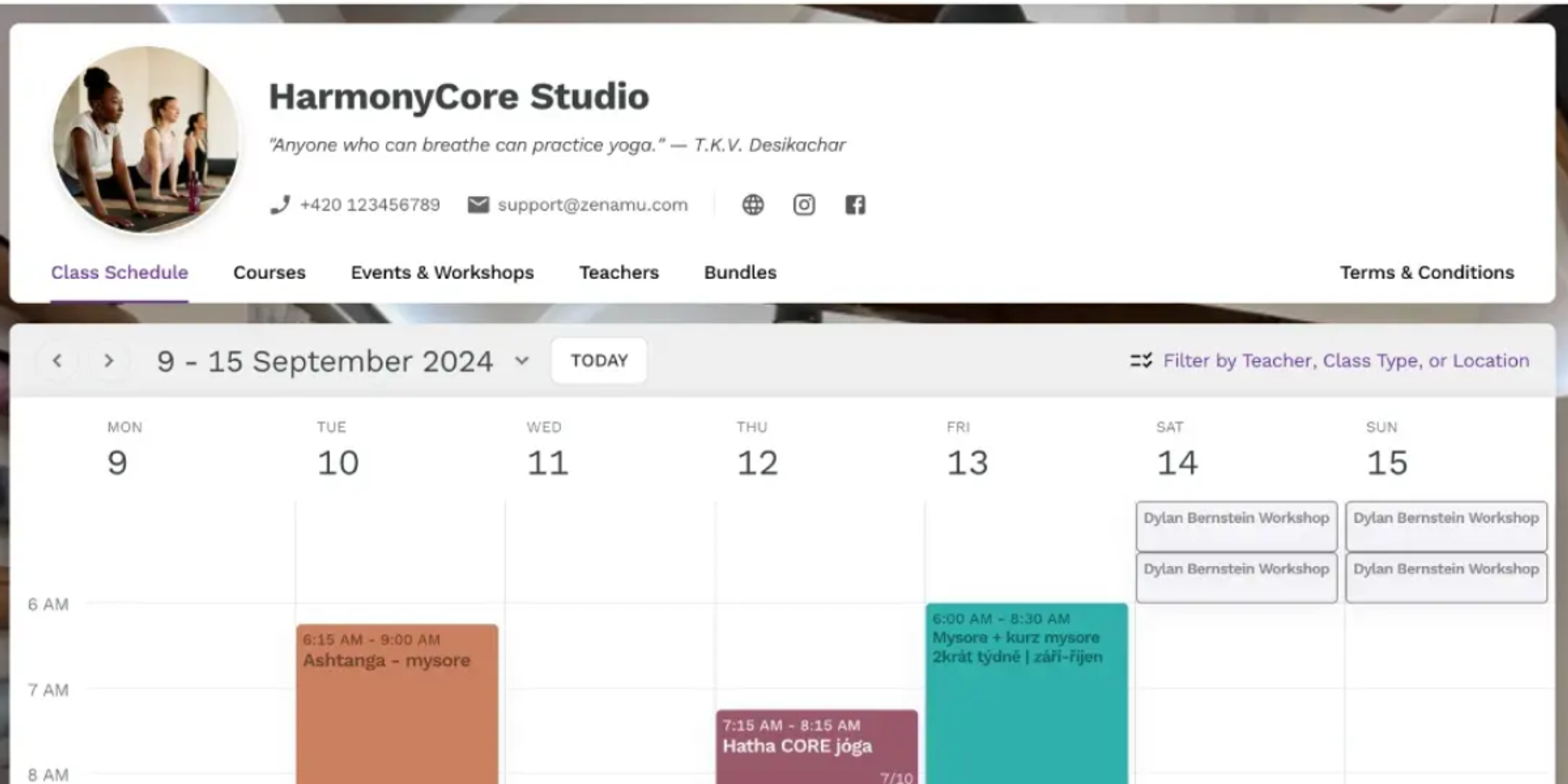 screenshot of Zenamu scheduling software for  yoga instructors
