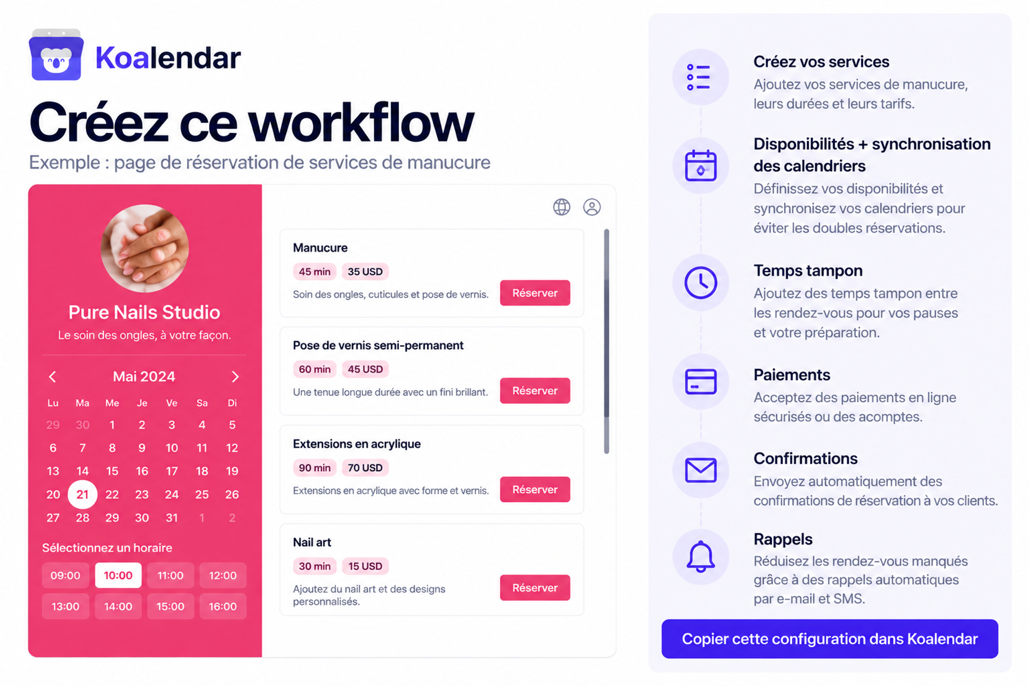 Processus de réservation de soins de beauté créé avec le logiciel de planification de services Koalendar