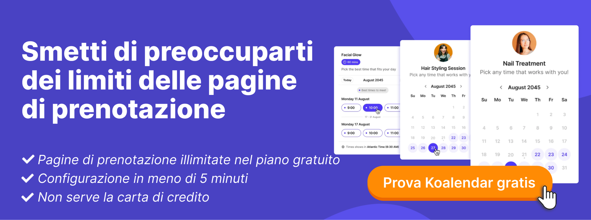 banner di Koalendar che menziona l’assenza di limiti alle prenotazioni, da considerare come alternativa alle funzionalità di YouCanBook.me