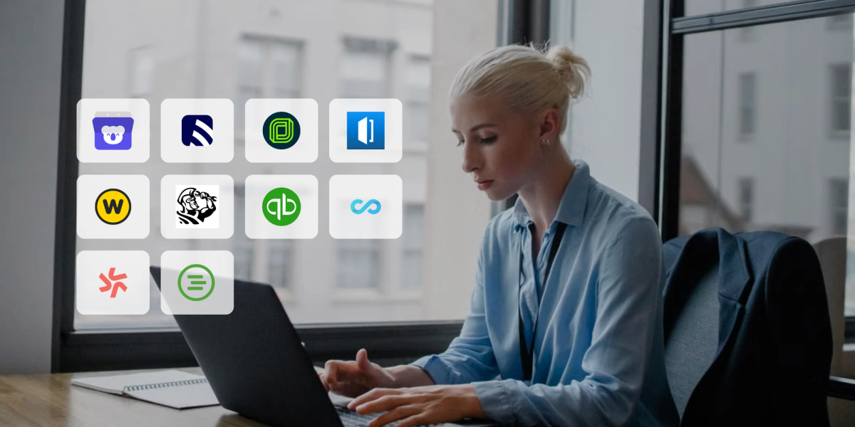 Woman working on a laptop beside logos of scheduling software that integrates with quickbooks