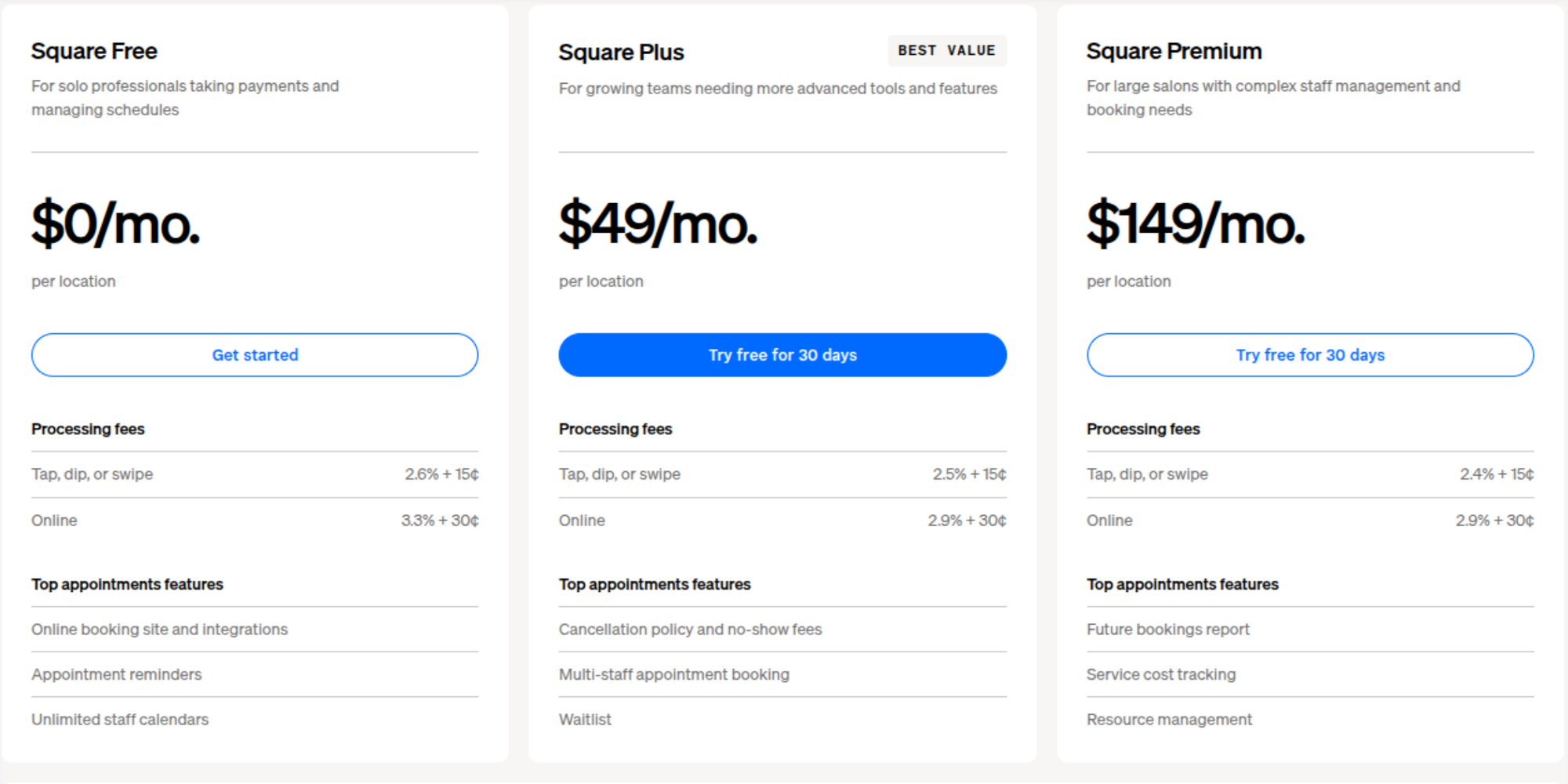 Screenshot of pricing tiers on Square Appointments website