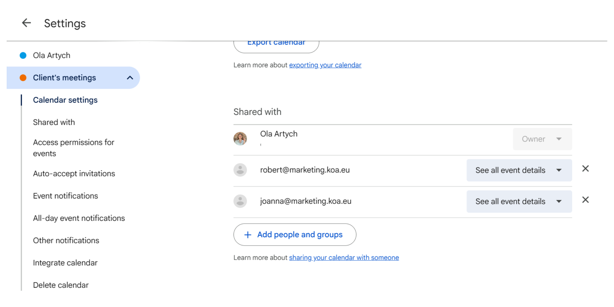 screenshot how to share a google calendar with a group