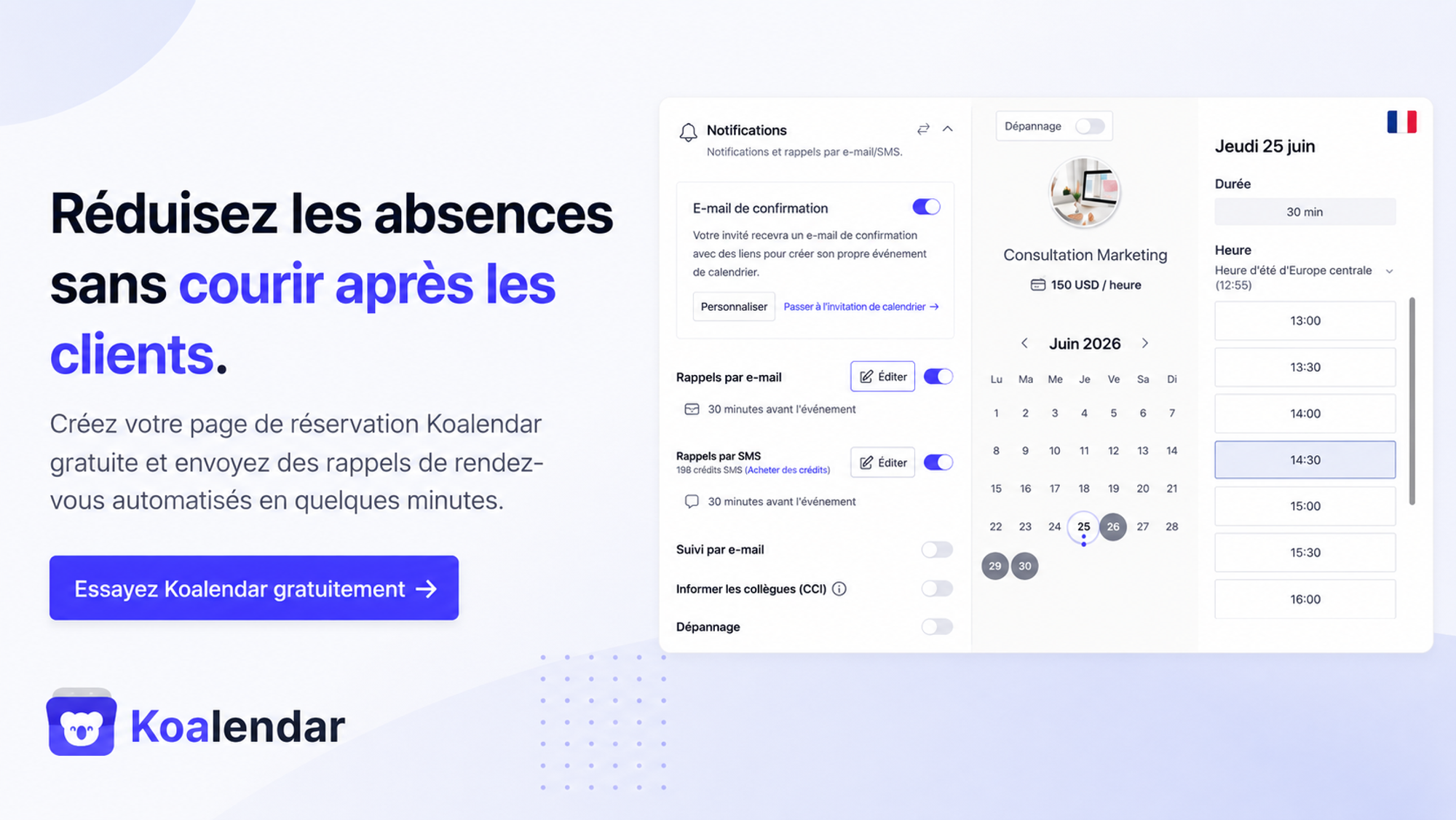 bannière de l’outil de planification Koalendar avec système de rappel de rendez-vous pour réduire les absences