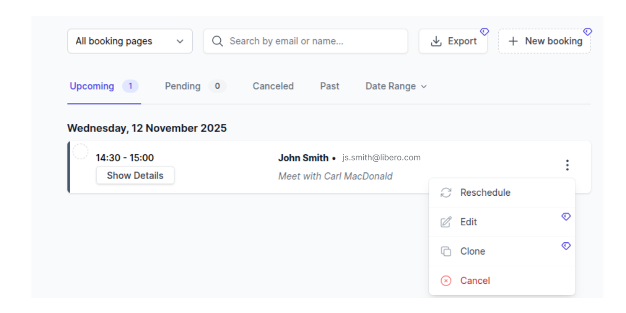 Screenshot of Koalendar reschedule appointment feature in dashboard