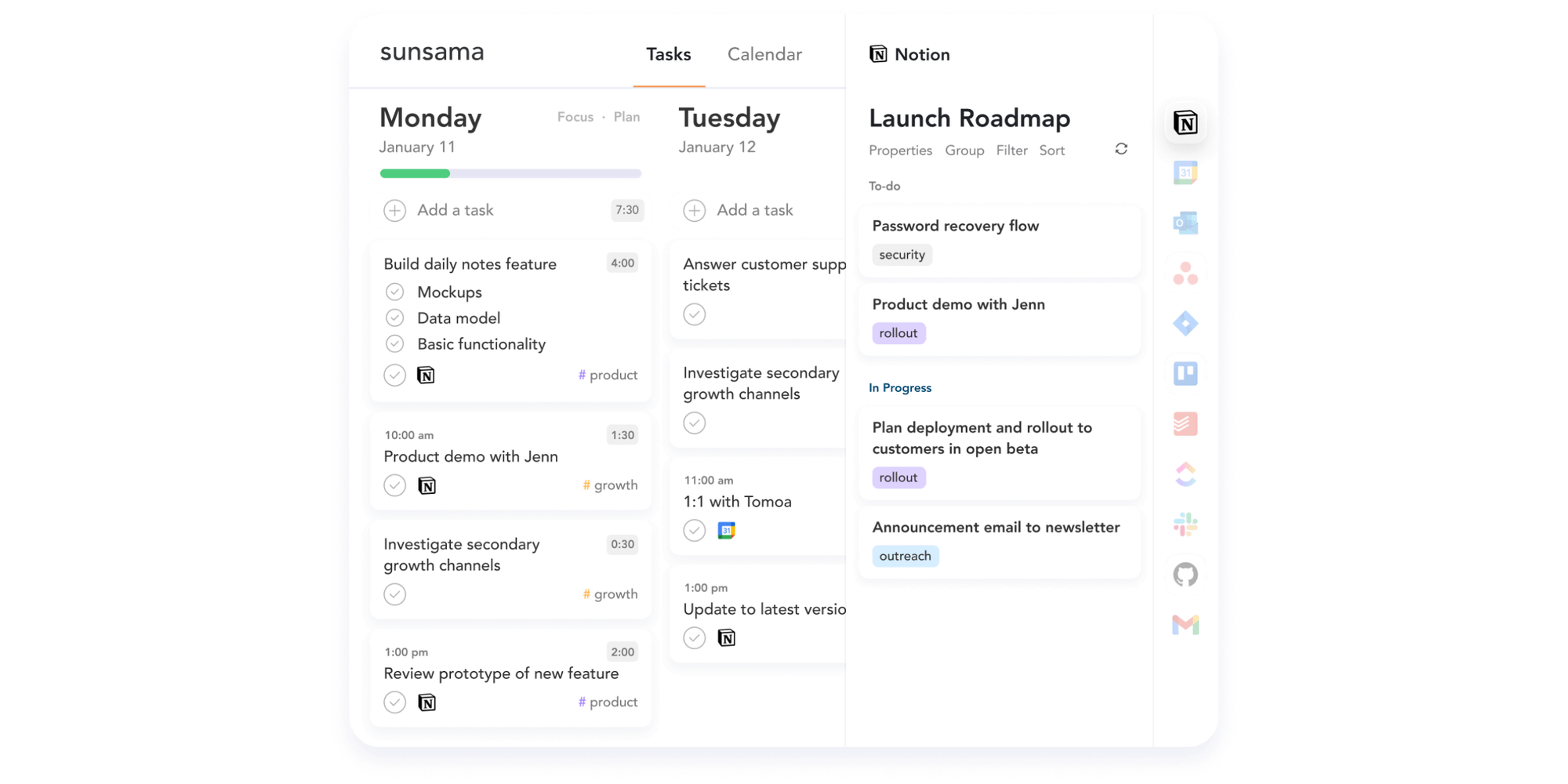 Sunsama daily task lists beside a Notion launch roadmap, illustrating apps like notion calendar.