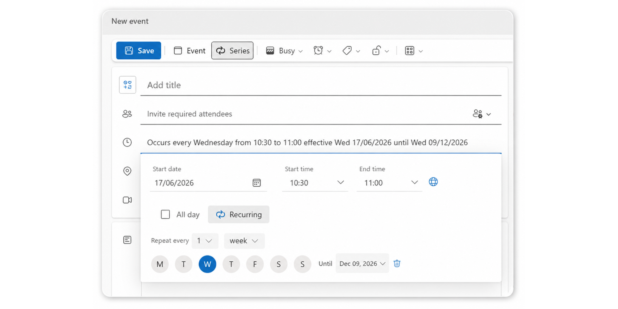 Setting up a recurring meeting in Outlook Calendar