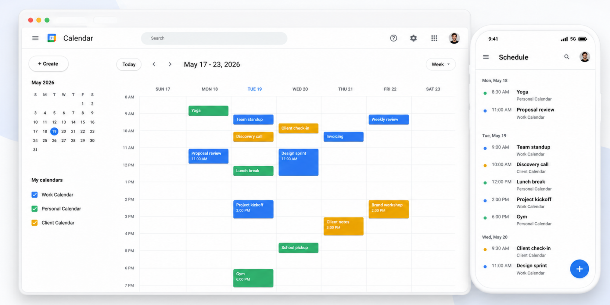 merged two google calendars presented mobile and desktop view