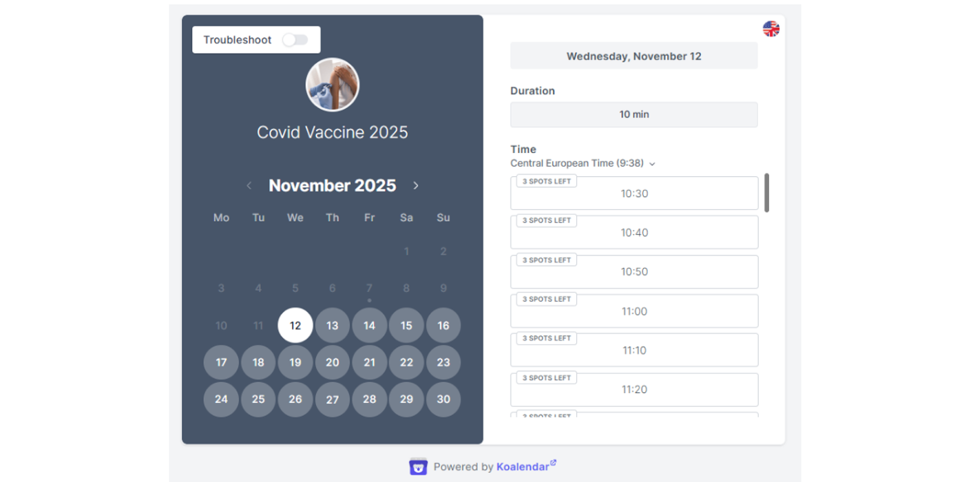 Koalendar Covid vaccine appointment calendar with available booking slots