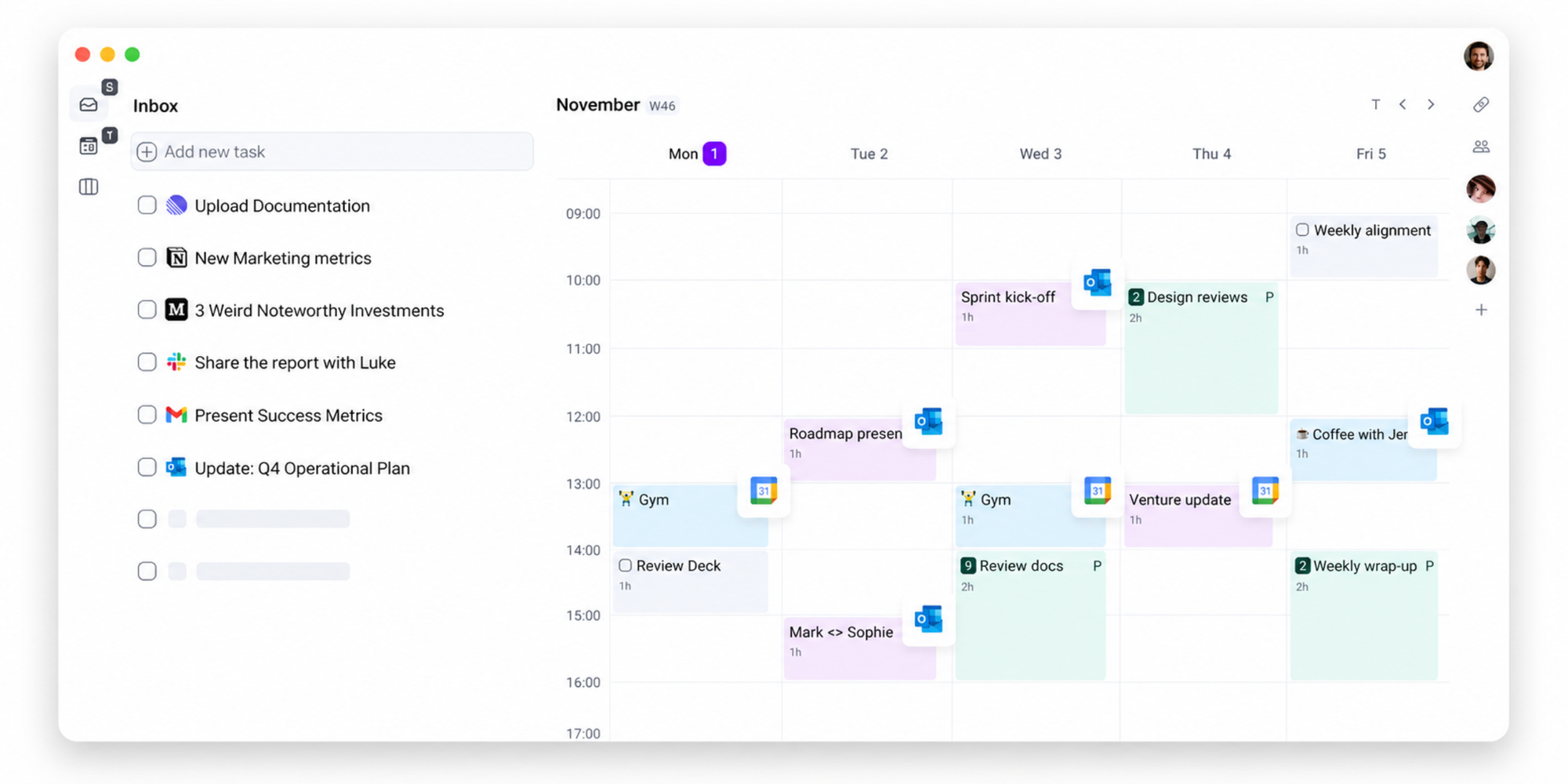 dashboard of akiflow with tasks and calendarsync to improve time management 