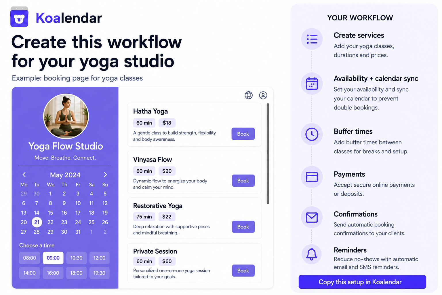 fluxo de agendamento de estúdio de yoga no Koalendar