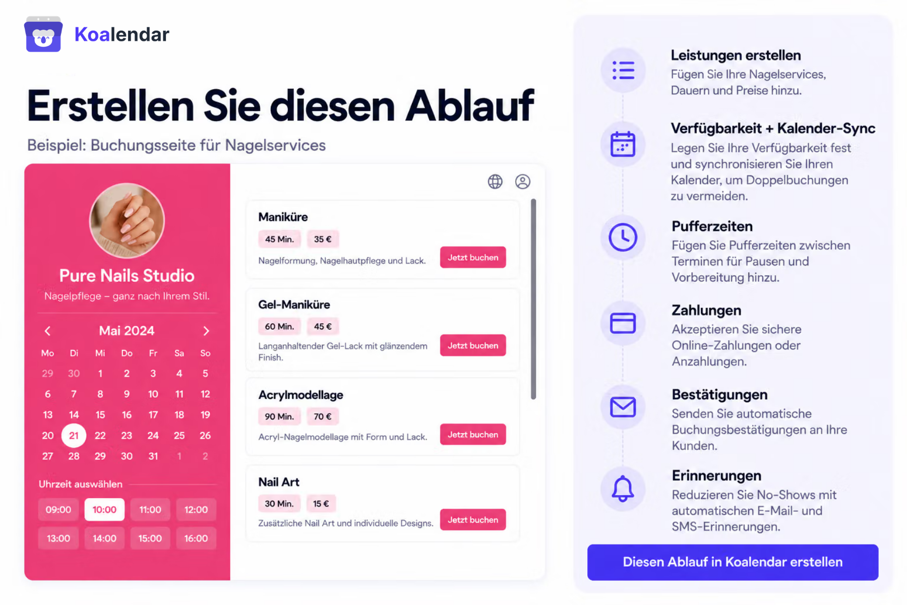 Workflow für die Buchung von Beauty-Terminen mit der Terminplanungssoftware Koalendar erstellen