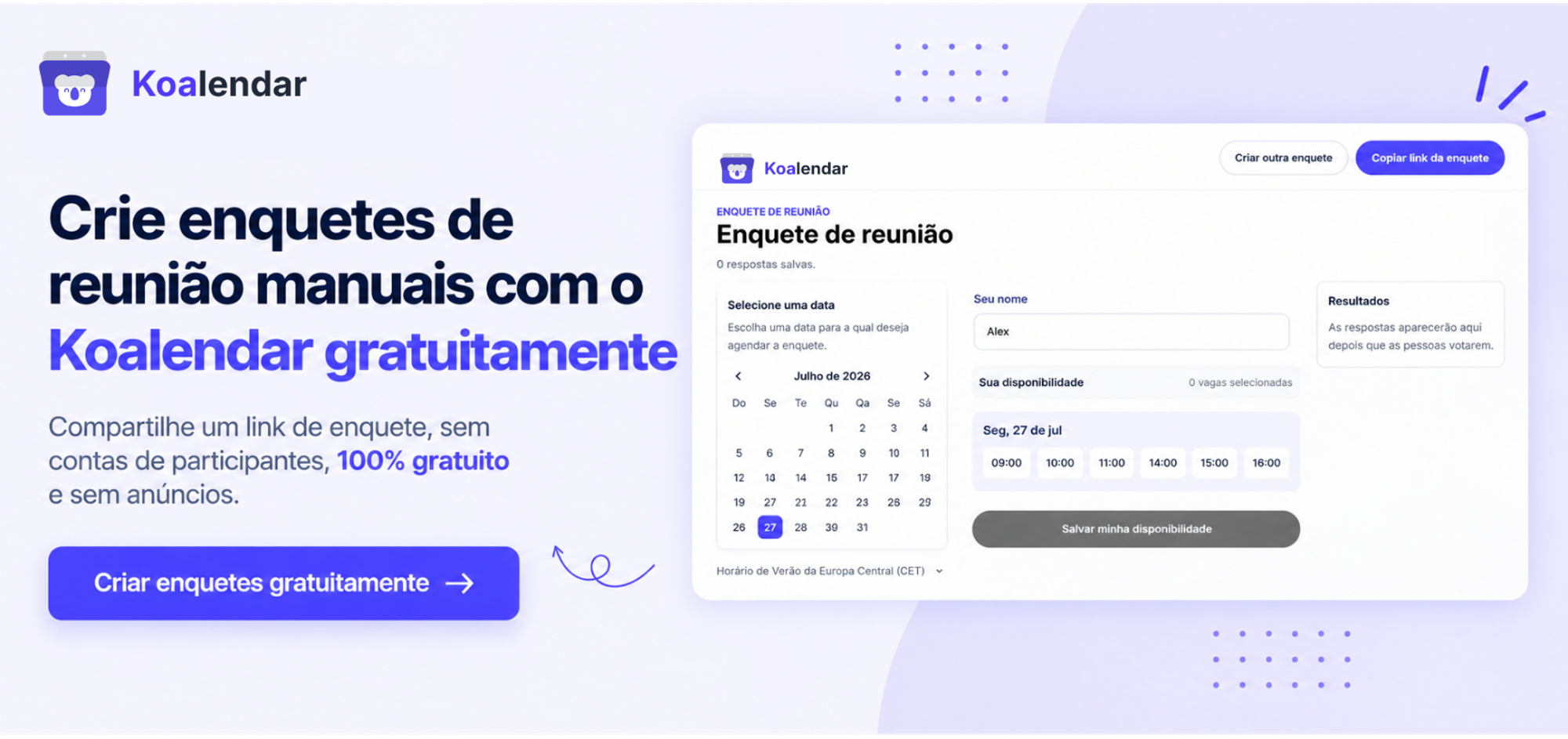 Banner da enquete gratuita de reuniões do Koalendar mostrando como criar enquetes em grupo sem contas de participantes nem anúncios