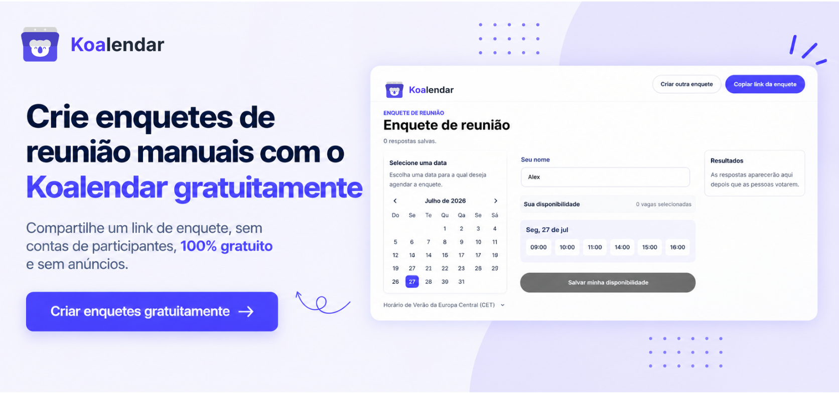 Banner da enquete gratuita de reuniões do Koalendar mostrando como criar enquetes em grupo sem contas de participantes nem anúncios