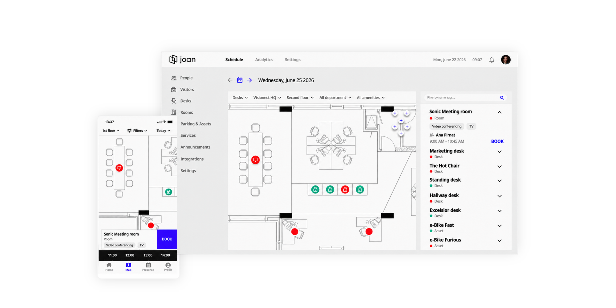Joan room booking interface across devices illustrating Resource booking software.