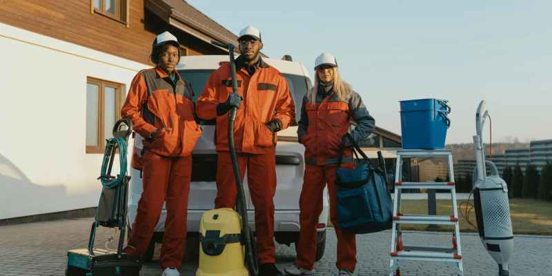 house cleaning team wearing orange uniforms booked by best scheduling app for cleaning business