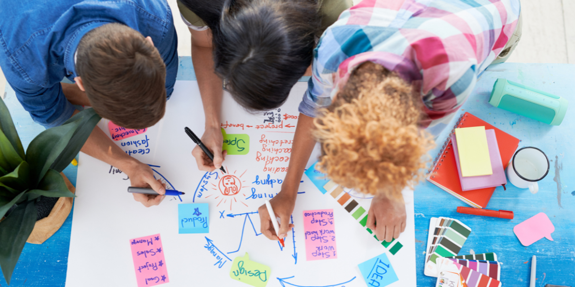 niños creando carteles con herramientas de trabajo colaborativo