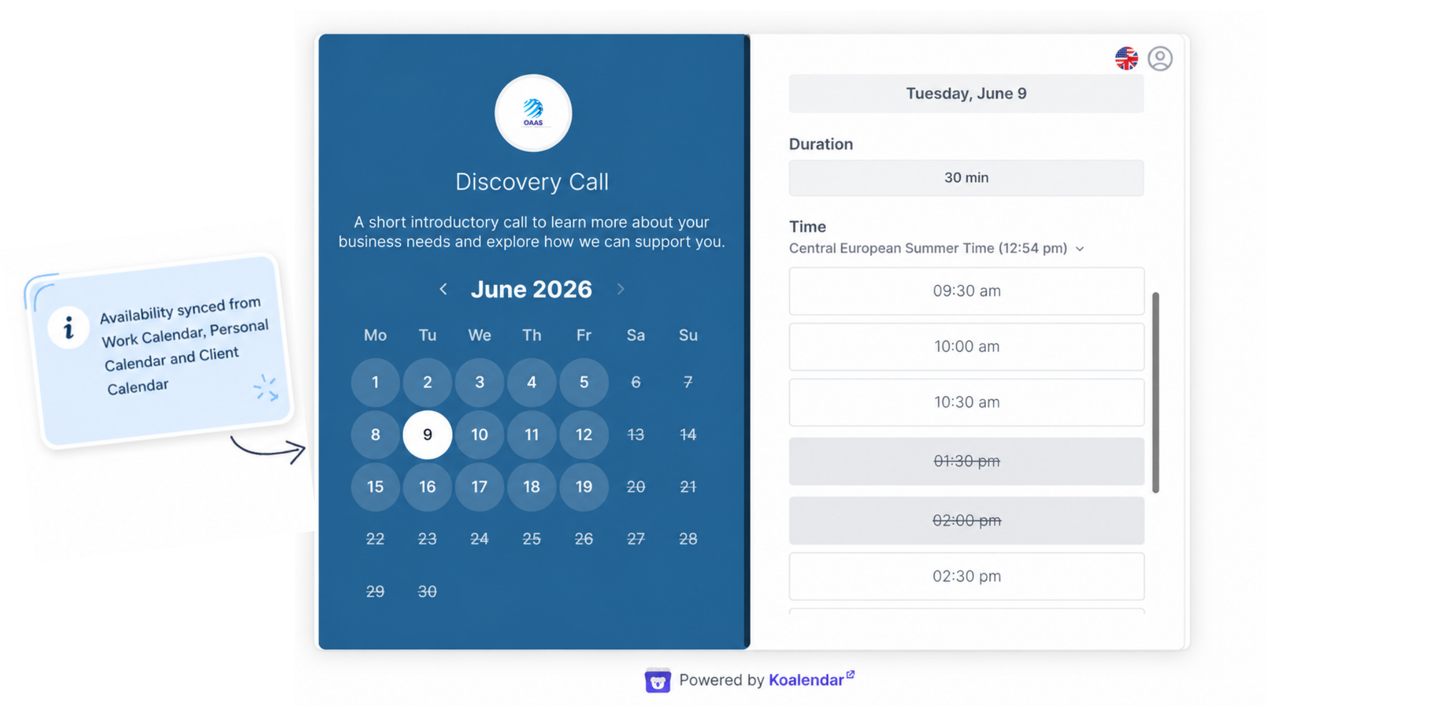booking page of client discovery call made with Kaolendar and merged google calendars